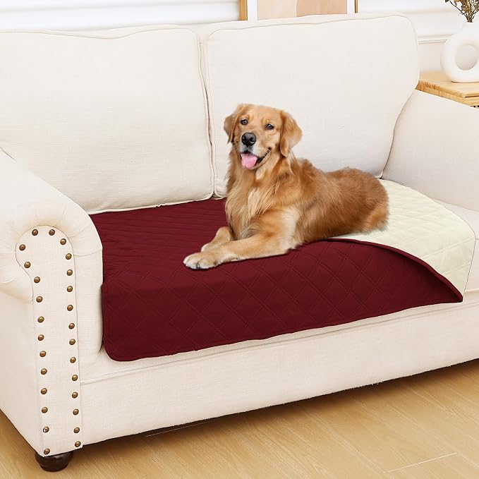 Smiry Waterproof Reversible Pet Couch Covers for Dogs | Pet Friendly, Soft Fabric, Washable Sofa Furniture Protector for Dogs Cat Kids, Checkered (30"x53", Wine Red/Beige)
