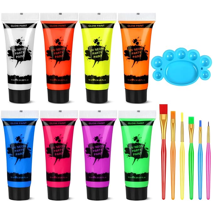 Blacklight Neon Face and Body Paint, 8 Tubes 0.34oz Glow in the Dark Body Paints, Neon Fluorescent Glow in Dark Party Supplies (10ml).…