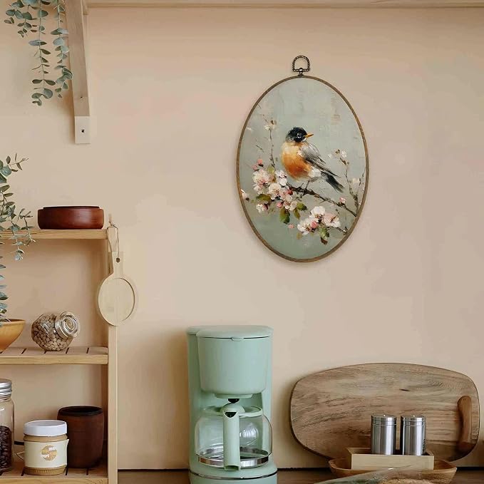 LKETW Vintage Bird Floral Oval Wall Art Decor, Rustic Farmhouse Oval Canvas Hanging Decor, Cottagecore Botanical Bird Flower Wall Decorations for Home Bedroom Living Room, 8.6x11.4 Inch