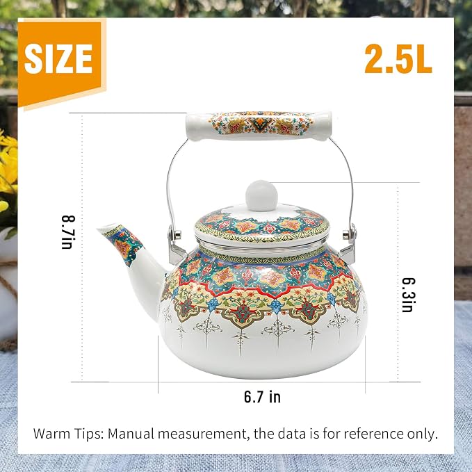 Anxingo Colorful Water Tea Kettle,Tea Kettle Pot for Stove, Top Porcelain Large Enamel Tea Kettle 2.5L,Retro Classic Design (style3)