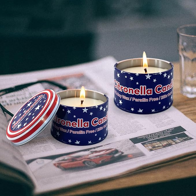 American Flag tin Candle Set of 4 (4oz Each) – Long-Lasting Outdoor Citronella Candles for July 4th Independence Day – Fresh Invigorating Fragrance to Enhance Ambiance