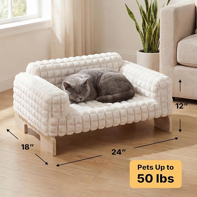 Veehoo Elevated Cat Bed Indoor, Wood Furniture Style Cat Couch Sofa | Indoor cats couch bed, removable washable cover, easy assembly, cozy fluffy cushion