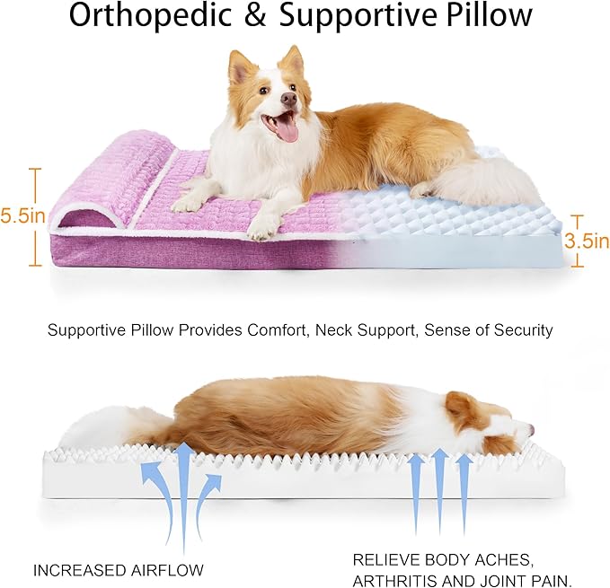 Orthopedic Large Dog Bed Pillow Pet Sofa Bed 48''X30'' Lilac | Egg-Crate Foam Pet Couch Large Sized Dog, Waterproof Removable Washable Cover,Furry Puppy Crate Mat With Nonskid Bottom
