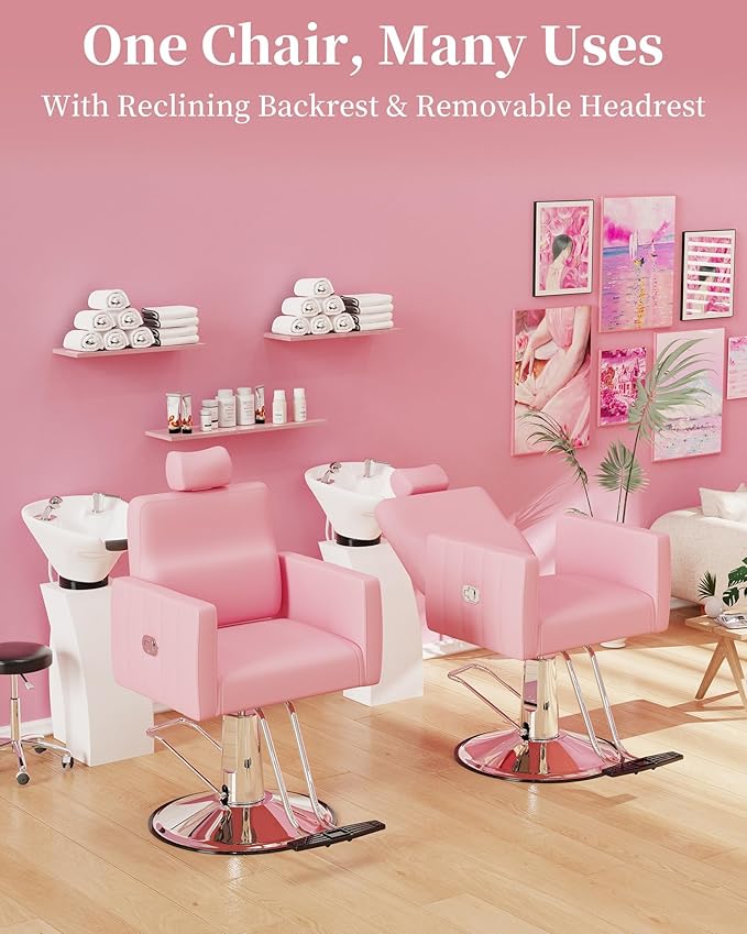Baasha Reclining Pink Salon Chair with Adjustable Headrest, All-Purpose Hydraulic Styling Chair, Soft PU Leather, Heavy-Duty Steel Frame, 440 lbs Capacity, for Haircut, Braiding & Tattoo