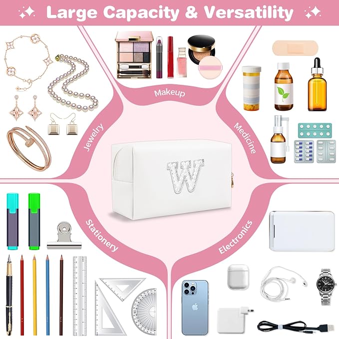 Bride Gifts – Personalized Initial Makeup Bag with Pearl Rhinestone Patch, Preppy White Monogram Cosmetic/Toiletry Pouch, bridesmaid Gifts, Bridal Shower Gifts, Wedding Gifts, Bridal Gifts,W