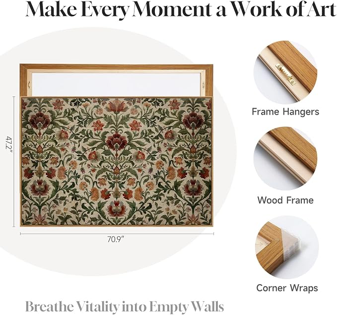 Extra Large Framed William Morris Style Wall Art for Living Room, Oversized Vintage Floral Canvas Prints Artwork for Walls, Horizontal Retro Rustic Painting Hallway Dining Room Wall Decor, 72x48 Inch