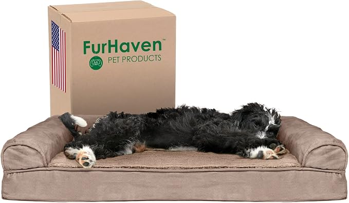 Furhaven Cooling Gel Dog Bed for Large/Medium Dogs w/ Removable Bolsters & Washable Cover, For Dogs Up to 55 lbs - Plush & Suede Sofa - Almondine, Large