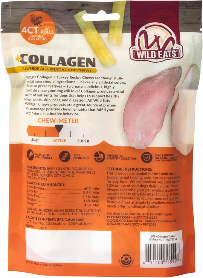 Wild Eats Turkey Flavor Collagen Cheek Rolls 5" 4pk, Pig Ear Substitute | Long lasting treats and bones for medium dogs, retriever style texture, 4 per bag, satisfies natural gnawing urges daily
