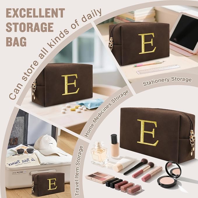 Personalized Initial Makeup Bag,Preppy Suede Cosmetic Bag for Teen Girls,Small Monogram Travel Toiletry Bag With Gold Embroidered Letter,Trendy Stuff Custom Christmas Gift for Women(Coffee-E)