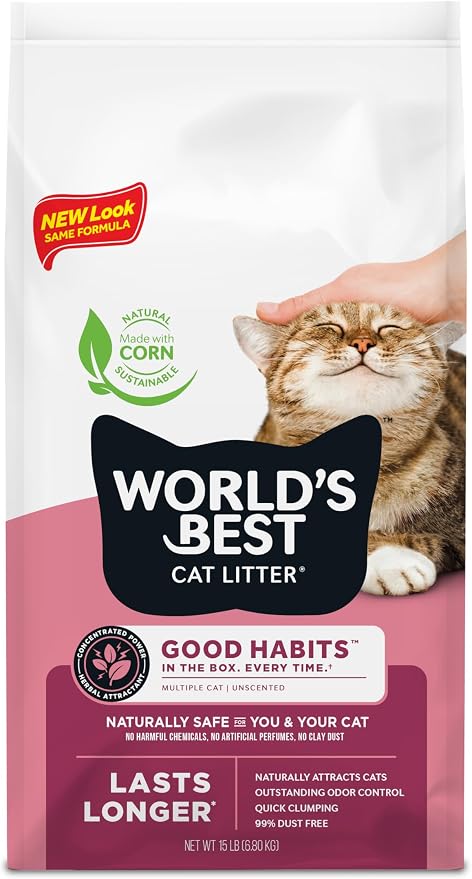 World's Best Cat Litter, Good Habits Cat Attract Litter, Unscented, 15 lb | Attracts cats and kittens with plant-based attractant; natural corn litter, quick clumping, flushable, 99% dust free formula