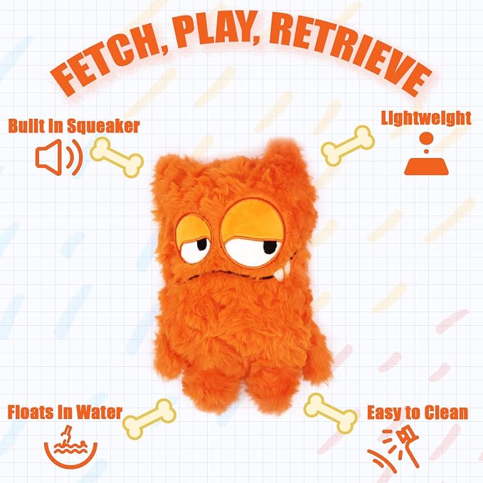 Monster Stuffed Squeaky Dog Toy, Crinkle Dog Plush Toy, Orange | Soft Lightweight Toy for Fetch and Chew, Interactive Outdoor Indoor Play for Tug, Birthday Gift, For Puppy Small Medium Dog