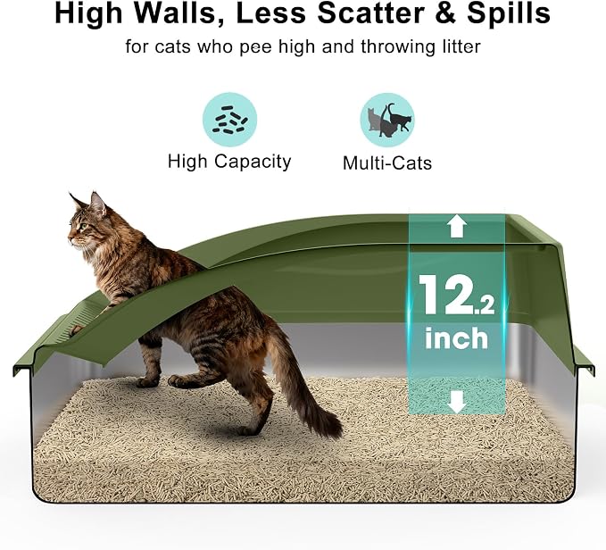 AIPERRO Stainless Steel Litter Box Extra Large for Big Cats and Multi-Cats | Jumbo Extra Large Metal Cat Box High Sided with Lid | Anti-Urine Leakage, Non-Stick & Easy to Clean | Include Litter Scoop