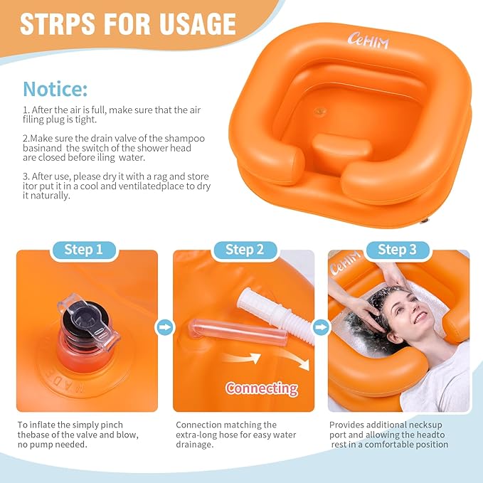 Inflatable Shampoo Basin - Portable Shampoo Bowl, Hair Washing Basin for Bedridden, Disabled,Injured, Hair Wash Tub for Dreadlocks and at Home Sink Washing (Orange)