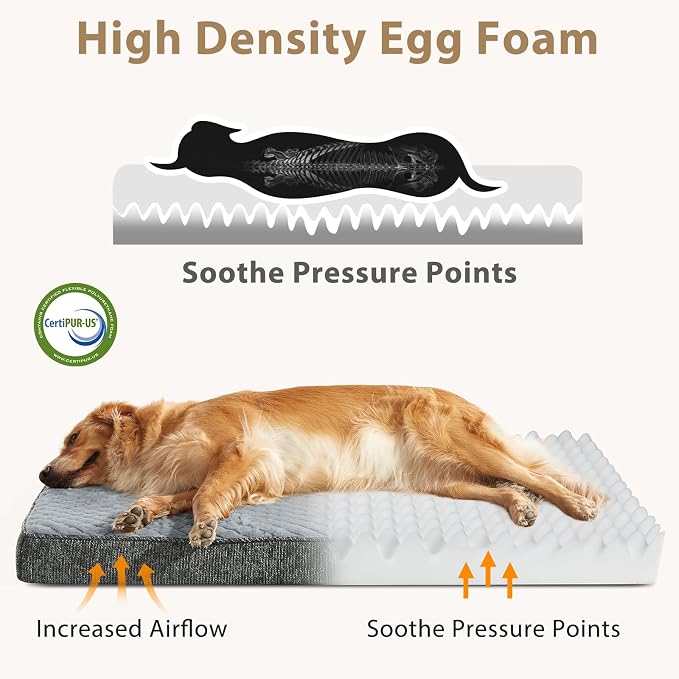 JOEJOY XL Dog Beds Large Sized Dog, Orthopedic Big Dogs Crate Bed with Washable Removable Cover, Extra Thick Egg-Crate Memory Foam Pet Beds up to 80 lbs, Light Grey, 41"x27"