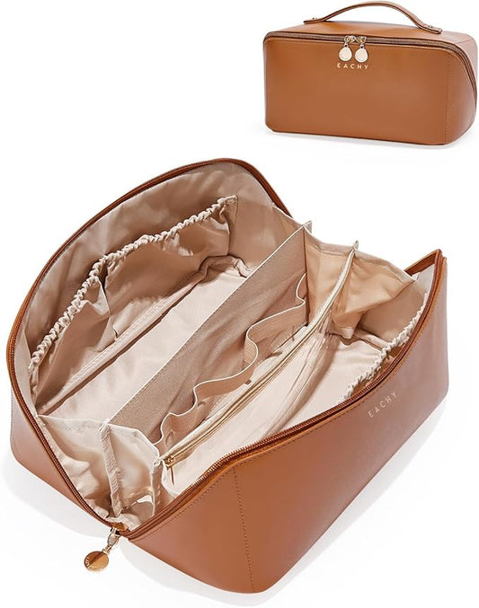 EACHY Travel Makeup Bag, Large Capacity Cosmetic Bag for Women, Waterproof PU Leather, Flat Open Portable Toiletry Bag for Skincare, Brushes & Travel Essentials