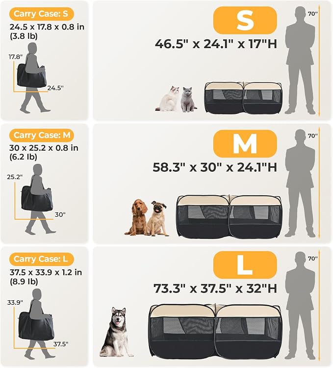 2-in-1 Pop Up Puppy Playpen, Detachable into 2 Separate Pens with Additional Doors, Assembly-Free Portable Cat Dog Crates Pet Pen Tent Kennel Kitten Enclosure Cage Indoor Outdoor Foldable Condo(L)