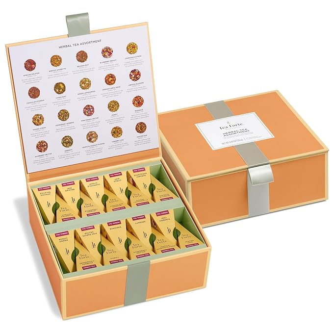 Tea Forte Premium Tea Chest Presentation Box Gift Set Sampler, 40 Count Individually Wrapped Handcrafted Pyramid Tea Infuser Bags, Herbal Variety