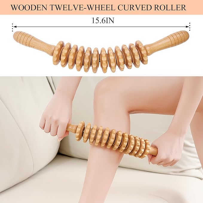 Xokocli Cellulite Massage Tool Wood Therapy Massage Tools Fascia Blaster Cellulite Roller Lymphatic Drainage Massager Deep Tissue Massage Stick for Legs Thighs Muscle Relief Recovery(White 12-Wheel)