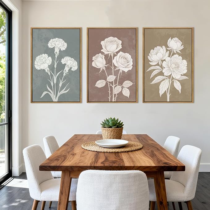 BINCUE Extra Large Neutral Botanical Wall Art Decor Floral Painting Flower Print for Living Room Bedroom Bathroom Dining Room 24x36 Inches 3 Piece