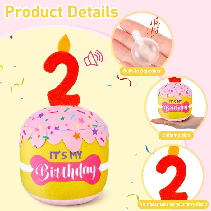 Dansydaisy Dog Birthday Cake Toy Squeaky Plush Gift,2nd,Pink and Yellow