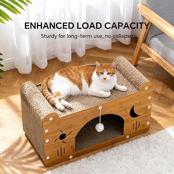 3-in-1 Scratcher Cat House – Save Your Furniture Combines Play Cave, Cozy Bed & Scratching Pad. Durable Cardboard, Reduces Stress. Ideal for Indoor Cats Who Love to Scratch, Play & Nap (FX-SFPPY)