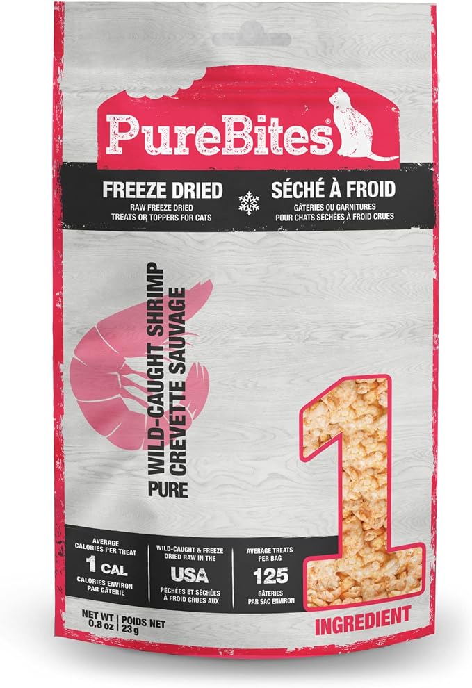 PureBites Shrimp Single Ingredient Freeze Dried Cat Treats, 0.8 oz | 100% Shrimp, Freeze Dried Raw in USA, High-Value Training Reward, No Fillers, ~125 Treats/Bag