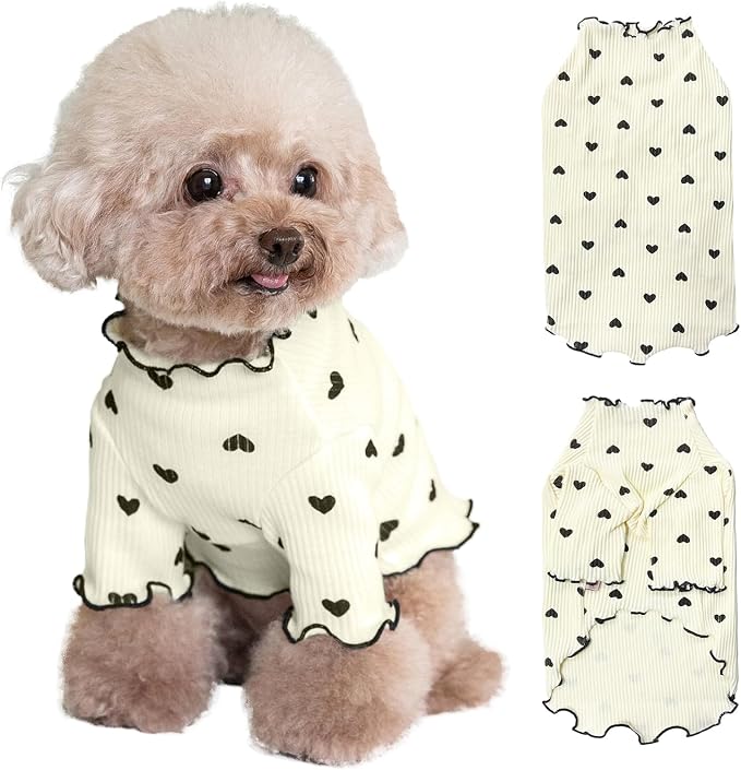Pet Clothes for Small Dogs Cat Summer Fall Heart Print Shirt Stretchable Ruffle Long Sleeve Outfits for Chihuahua Schnauzer Shih Tzu Yorkie (Beige, X-Small)