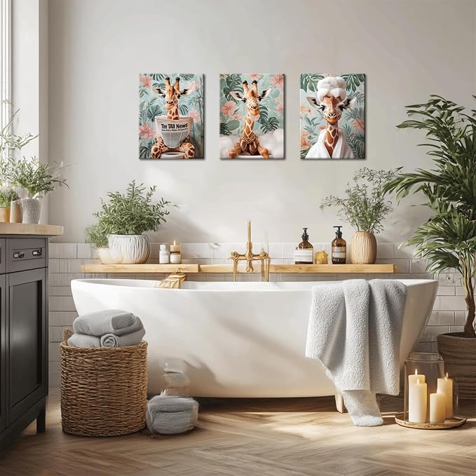 Funny Animal Bathroom Wall Art Set of 3, Cute Giraffe in Toilet Reading Newspaper Wall Decor Paintings Eclectic Giraffe Bathroom Canvas Prints Artwork 12x16 inch Framed