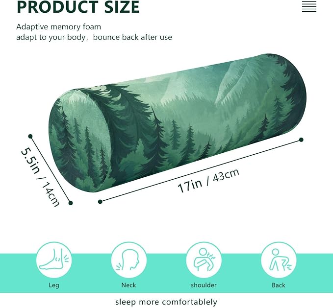 Mountain Forest Trees Green 02 Neck Roll Pillow Bolster Round Health Memory Foam Long Cervical Cylinder Pillows with Removable Washable Cover for Body Bed Legs Back Yoga