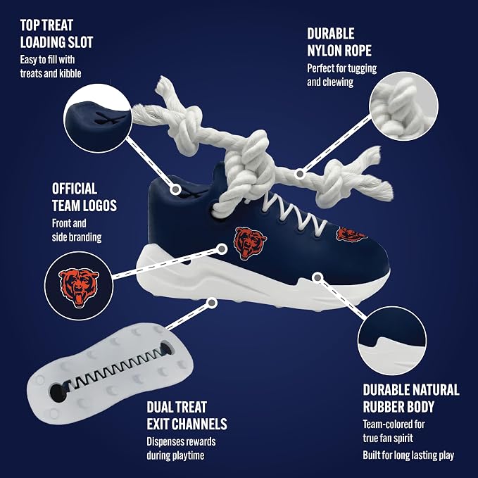 Pets First NFL Chicago Bears Cleat Sneaker Spike Dog Toy, Football Treat Dispenser Chew Toy for Dogs, Interactive Rope Tug Toy, Slow Feeder Natural Rubber Dog Toy with Official Team Logo
