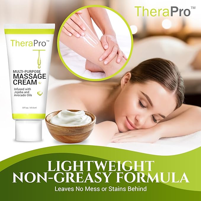 Multi-Purpose Massage Cream by TheraPro - 8 Ounce - Hypoallergenic, Unscented Cream - Massaging Cream Infused with Jojoba, Avocado Oil, & Sweet Almond Oil