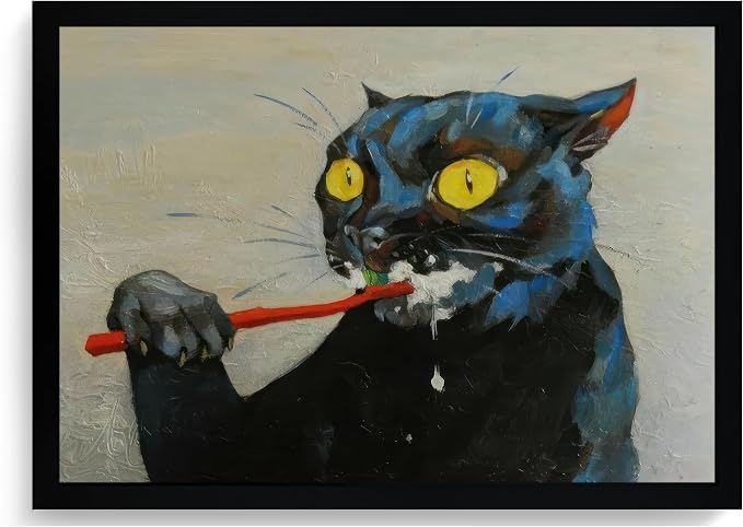 ICHZUMW Framed Funny Black Cat Bathroom Decor Canvas Wall Art, 16x24 Inches | Quirky Black Cat Brushing Teeth Painting, Humorous Bathroom Wall Decor, Restroom Powder Room, Fade Resistant, Ready to Hang
