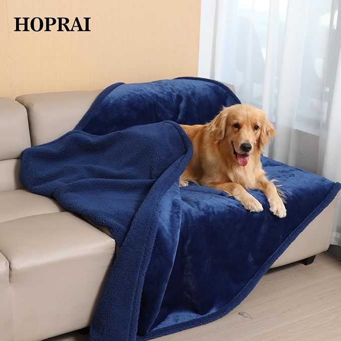 Dog Blanket, Waterproof Reversible Sherpa Fleece Throw Blanket, Furniture Cover for Bed, Couch, Sofa Protection from Liquid Pee and Pet Fur of Puppy, Cat (Navy Blue XS20*27inches)
