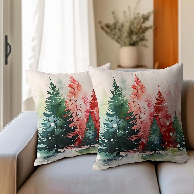 Kawani Winter Christmas Tree Pillow Covers 22 x 22 Inches Pack of 2 Red Green Xmas Trees Decorative Throw Pillows Cotton Linen Cushion Case for Sofa, Bed and Couch Room Holiday Decor