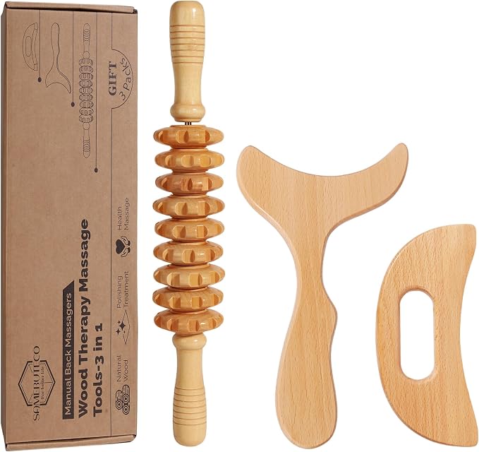 SAMEBUTECO 3 in 1 Lymphatic Drainage Massager Wood Manual Fascia Massage Roller and Gua Sha Tool Set for Body Release Cellulite Anti Cellulite and Relieve Muscle Fatigue 3 Packs