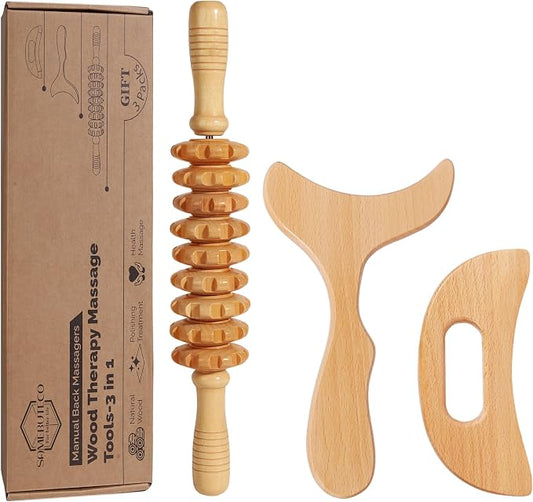 SAMEBUTECO 3 in 1 Lymphatic Drainage Massager Wood Manual Fascia Massage Roller and Gua Sha Tool Set for Body Release Cellulite Anti Cellulite and Relieve Muscle Fatigue 3 Packs