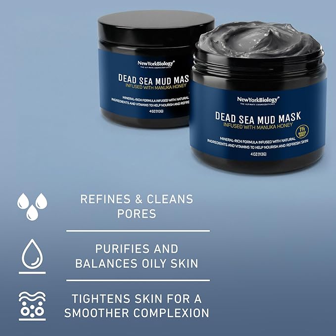 New York Biology Dead Sea Mud Mask for Face and Body | with Manuka Honey | Spa Quality Pore Refiner for Oily Skin | Natural Skincare for Women & Men | Tighten Skin for A Healthier Complexion | 4 oz