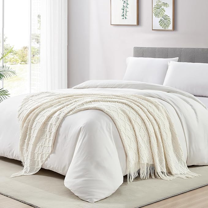 BOURINA White Throw Blanket 50 x70 Inch Jacquard Throw Knitted Blanket | Jacquard Argyle Throw Textured Solid Soft Throws and Blankets for Sofa or Bed Knitted Decorative Blanket