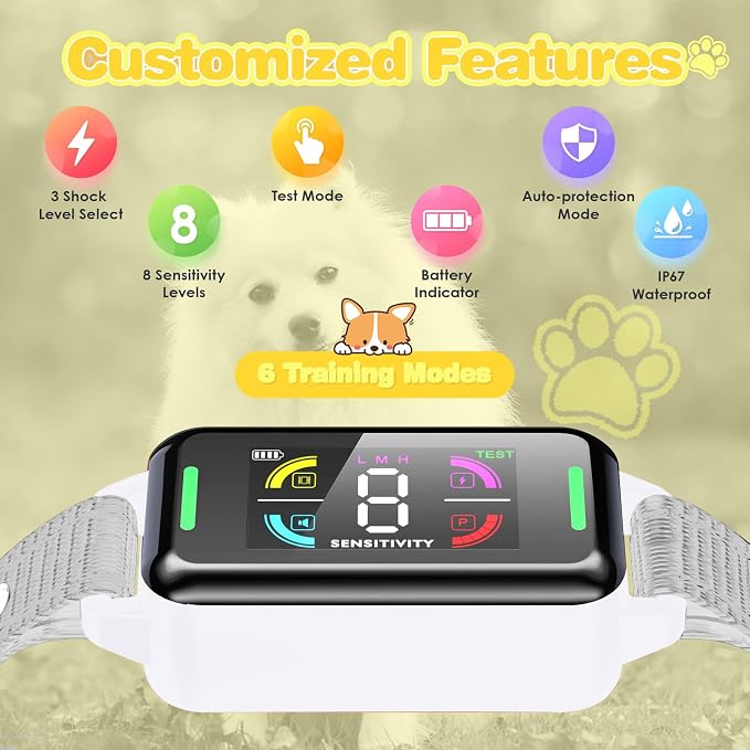 Dog Bark Collar Automatic Shock Collar Rechargeable Anti-Bark Training Collar Multifunctional Waterproof Dog Stop Barker with 6 Safe Training Modes for Dogs Weighing Over 8 Pounds (White)