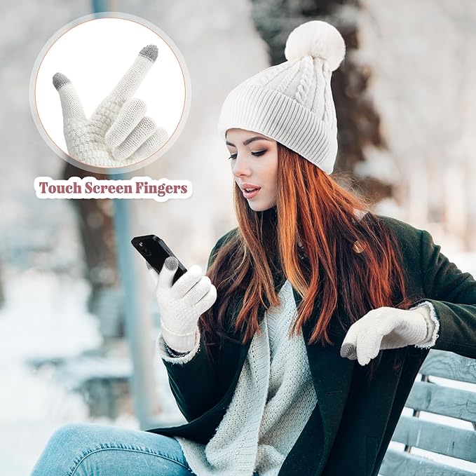 SATINIOR 5 Pcs Winter Hat Scarf Gloves Set Fleece Lined Knit Beanie Hat Warm Touch Screen Gloves Earmuff Warmer for Women(White,Beauty Style)