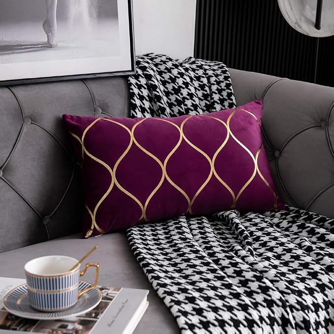 Gold Velvet Throw Pillow Covers Purple: 2 Pack 12x20 Inch Rectangular Decorative Pillow Cases for Bedroom Sofa Couch Living Room