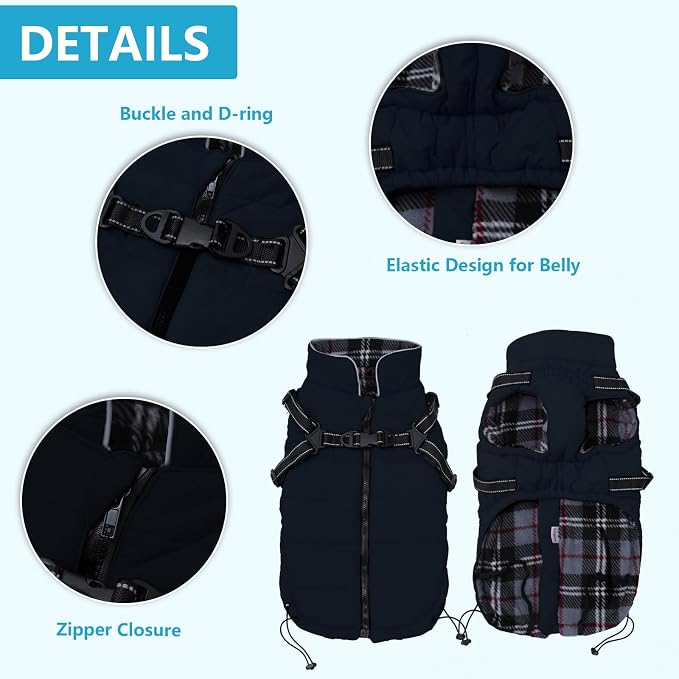 Geyecete Winter Warm Coat Waterproof Dog Jacket with Harness Traction Belt, Pet Outdoor Jacket - Navy - XXL