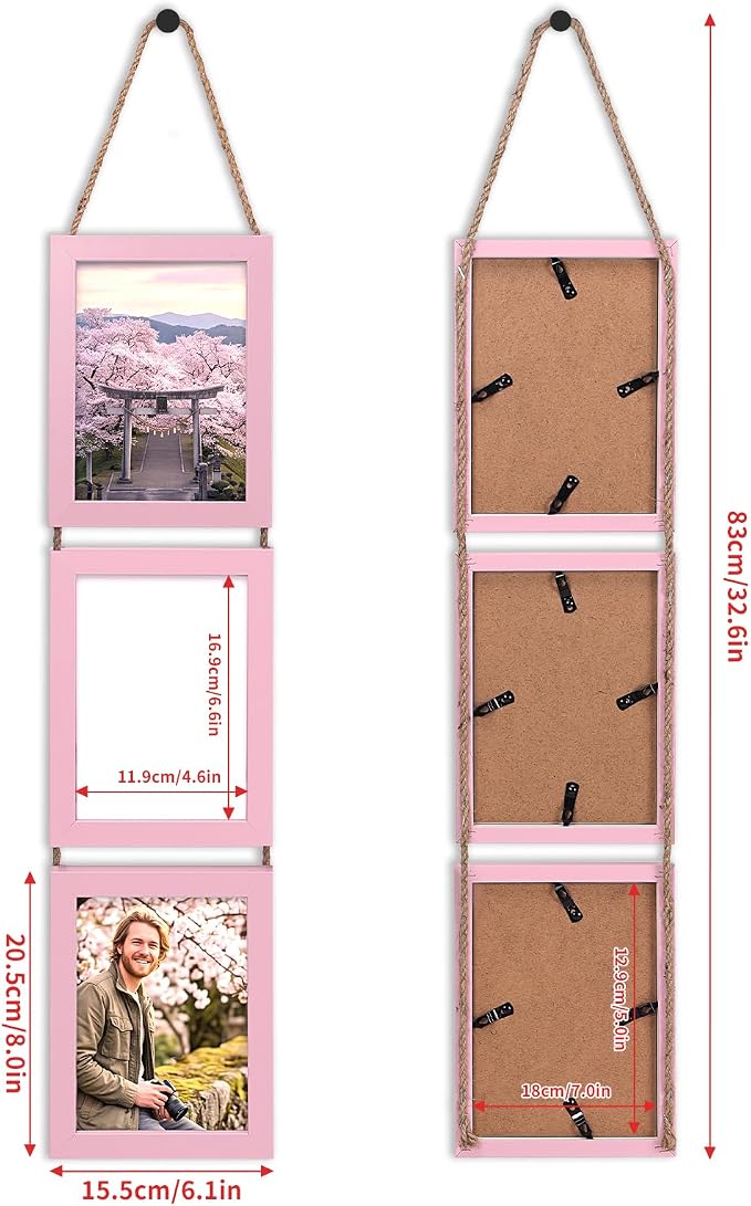 QUTREY 5x7 Picture Frames Collage Pink, 6 Openings Hanging Photo Frame Set Display Vertical 5 by 7 inch Pictures for Wall Decor, 2 Pack