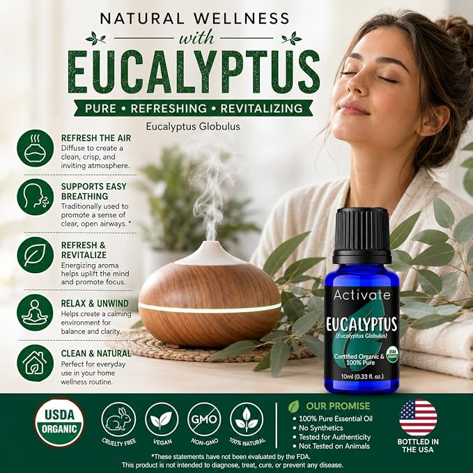 Eucalyptus Essential Oil Organic, USDA Organic, 100% Pure Eucalyptus Globulus, Steam Distilled Essential Oil for Aromatherapy, Diffuser, Massage, Humidifier & DIY Projects, 10ml