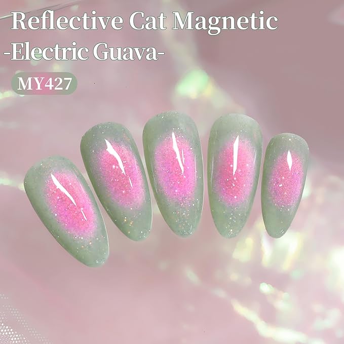 Born Pretty Reflective Glitter Cat Magnetic Eye Gel Nail Polish 15ML,Green Pink Guava Colors Glitter Sparkly Shiny Disco DJ LED Magnetic Gel Polish Sparkly Shiny U V Gels for Home Salon