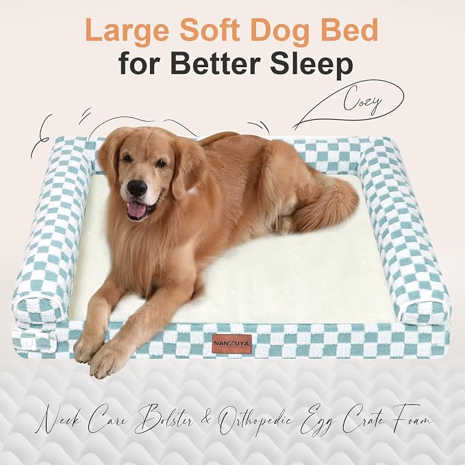 Orthopedic Dog Bed for X-Large Dogs, 40 x 32 Inch, Green Grid | Egg crate foam for joint support, 3-sided bolster pet sofa, waterproof lining, washable cover, and non-skid base