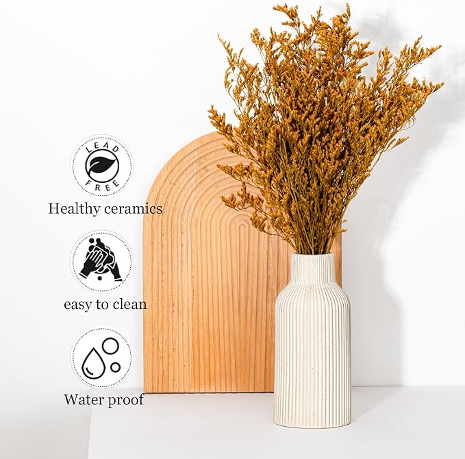 Bohemian Beige Ceramic Vase - for Pampas Grass, Mantel, Bookshelf, Entryway and Living Room Decor (Beige, 8in)