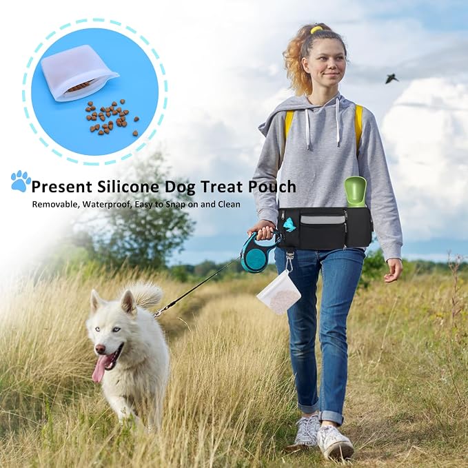 Dog Treat Pouch for Leash Waist Belt Bag, Premium Dog Treat Bag for Dogs Training Puppy Walking Fanny Pack with Divider Zipper Carrier Pocket, Water Bottle Holder, Silicone Insert,Clip,Black