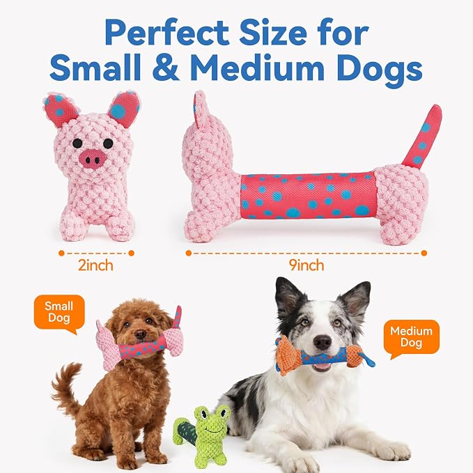 Squeaky Dog Toys for Small & Medium Dogs, Lion Rabbit Frog 3-Pack