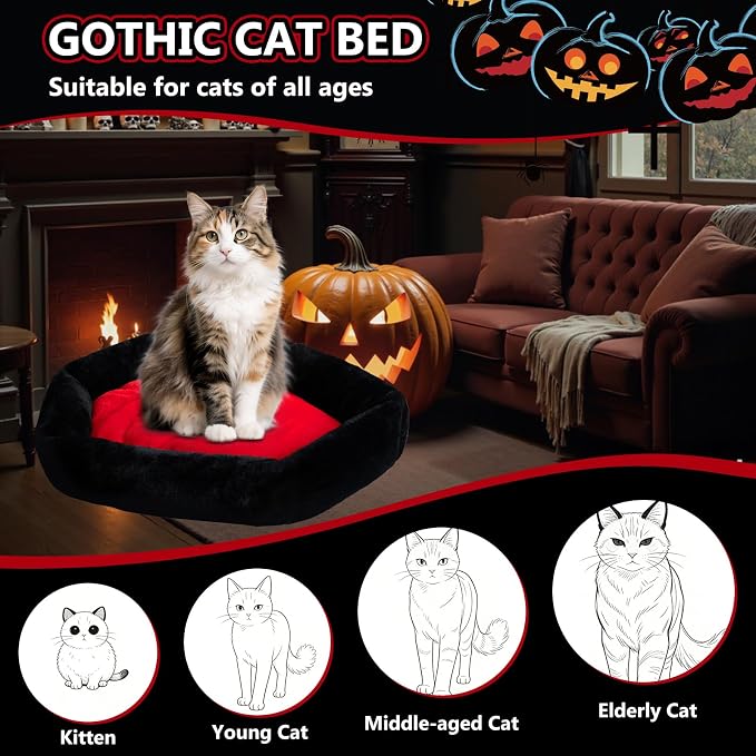 Gothic Coffin Cat Bed for Large Cats, Washable, Size: Large | Fits cats up to 25 lbs. Size: 32" x 22". Color options: Red & Black. Soft fabric, ideal Halloween decor.